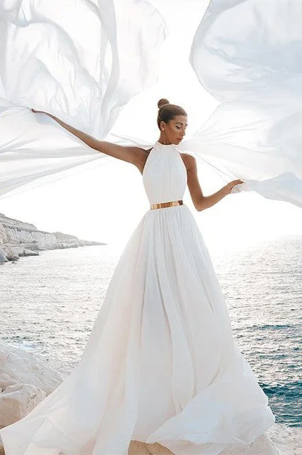 Get It Before It’s Gone A Line White Chiffon High Neck Sleeveless Beach Wedding Dress