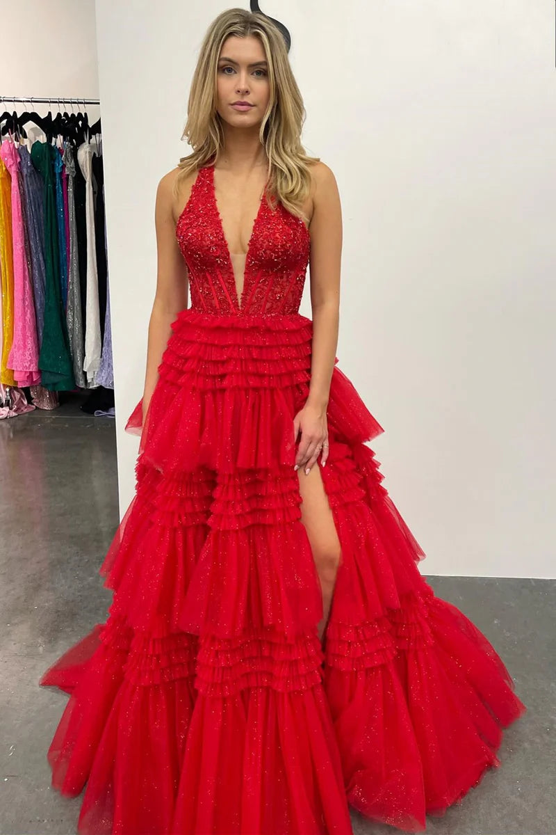 Lowest Prices statement dressSexy Tulle A-Line V-Neck Halter Open Back Tiered Prom Dress