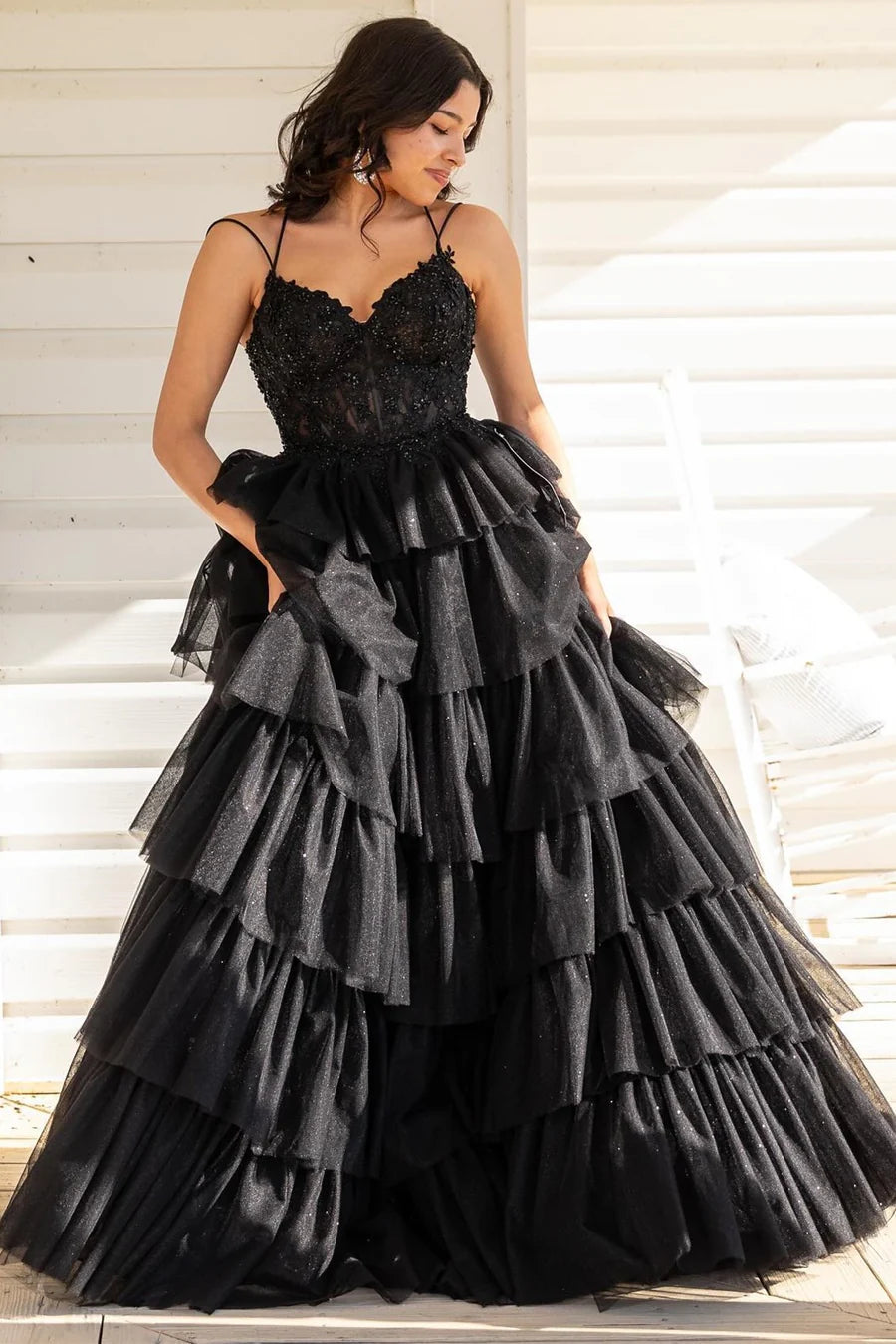 Holiday Sale wool dressTulle A-Line V-Neck Spaghetti Straps Tiered Prom Dress