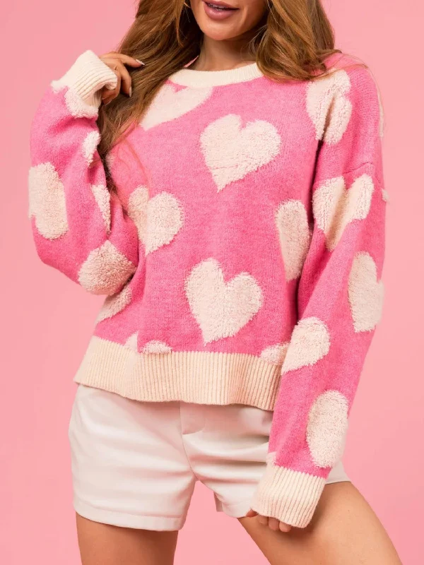 Online Exclusive casual pullover hoodielightweight fitness hoodieValentine’s Day Fuzzy Heart Round Neck Long Sleeve Sweater