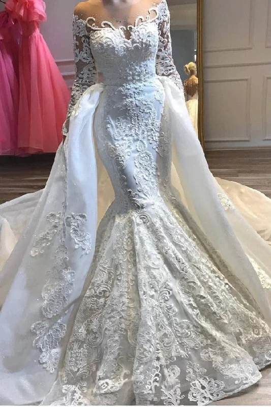 Early Bird Discount Charming Crew Neck Lace Appliques Mermaid Wedding Bridal Gowns with Detachable Train