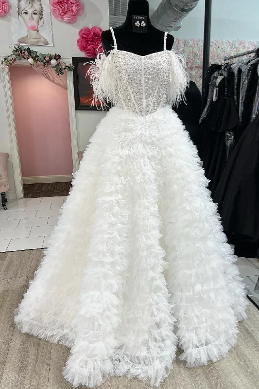 Discount Days playful dressWhite Feathered Off-Shoulder Beaded Ruffled Layers Long Prom Dress