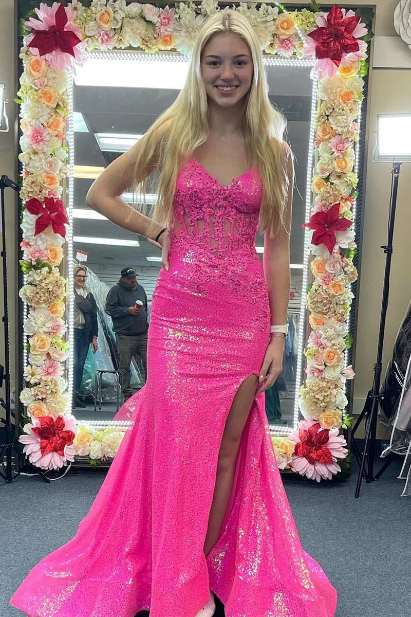 Must-Have Deals chic shift dressGlitter Trumpet V-Neck Spaghetti Straps Appliques Prom Dress