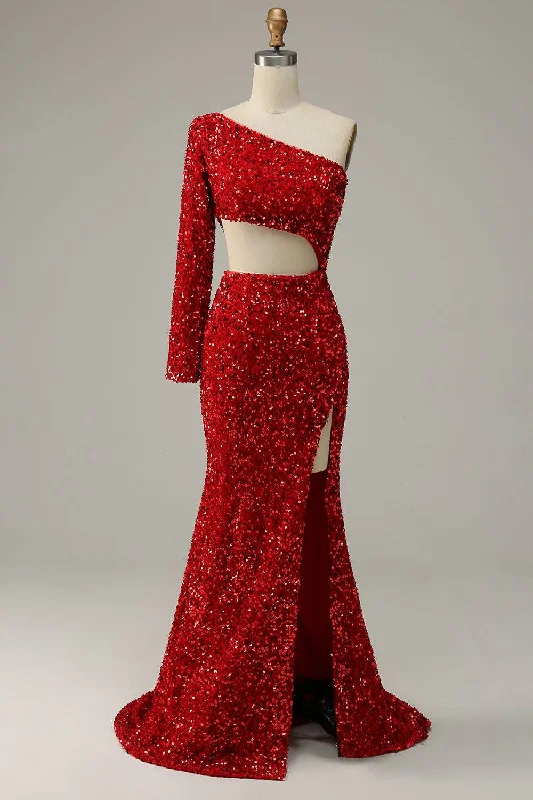 Special Discount flowy evening dressScarlet Mermaid One Shoulder Satin Long Sleeve Silt Long Prom Dress