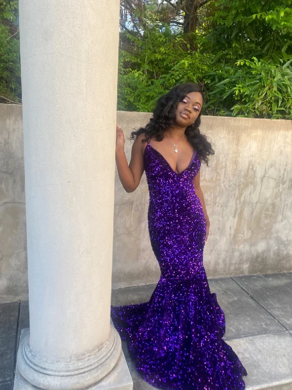 Incredible Offers modern dressDark Purple Sequins Prom Dress For Black Girls  Y4221
