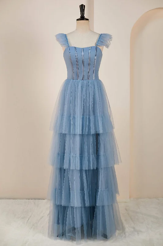 Huge Savings casual slip dressDusty Blue Flutter Sleeves A-line Multi-Layers Long Bridesmaid Dress with Slit