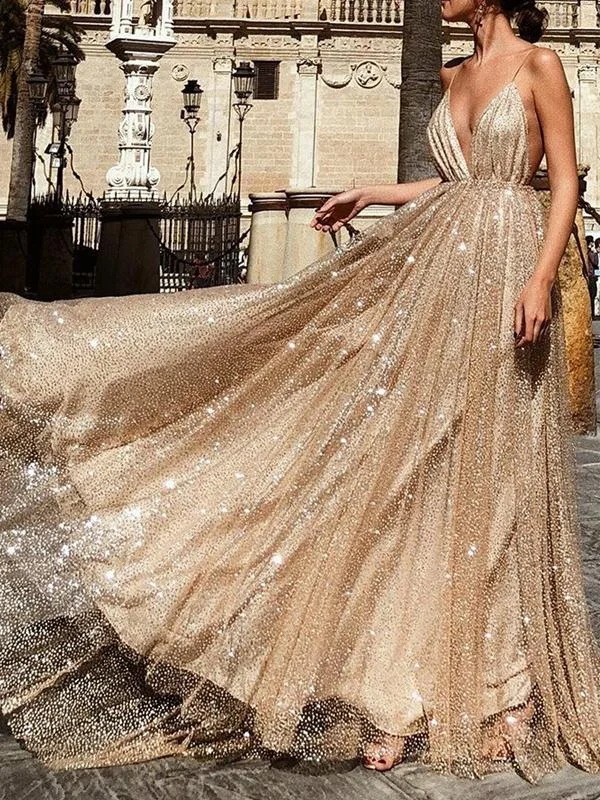 Bargain Bin Gold Sequin Spaghetti Strap Backless Shiny A line Prom Dresses GJS276