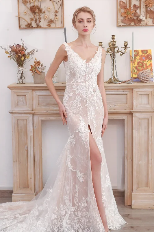 Discount Extravaganza sleek midi dressFlattering White Lace Mermaid Long Wedding Dress with Slit