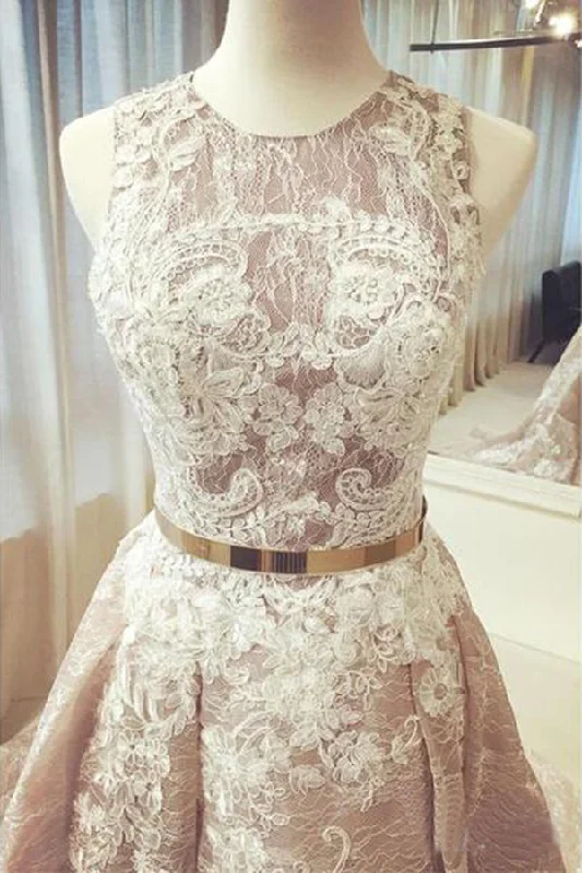 Midnight Sale Gorgeous Round Neck Sleeveless Lace Prom Dresses Sweep Train with Appliques