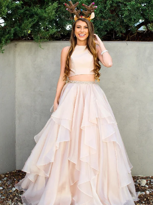 Overstock Sale Two Piece Prom Dresses A-line Scoop Floor-length Long Sparkly Chic Prom Dress JKL637