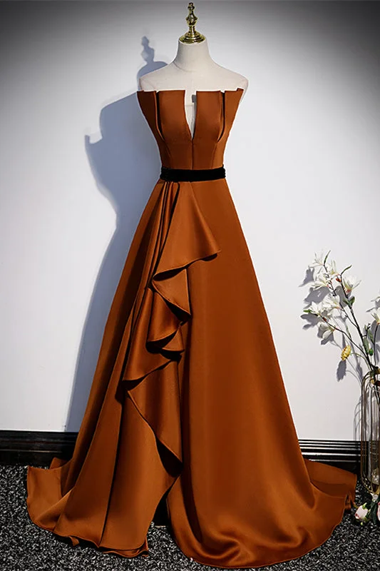 Online Exclusive layered dressTerracotta A-line Strapless Lace-Up Satin Ruffle Long Formal Dress with Slit Online Exclusive layered dressTerracotta A-line Strapless Lace-Up Satin Ruffle Long Formal Dress with Slit