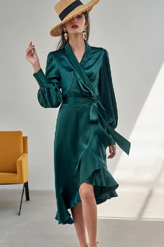 Deal Alert chic slip dressChic Green Wrap Dress with Long Sleeves