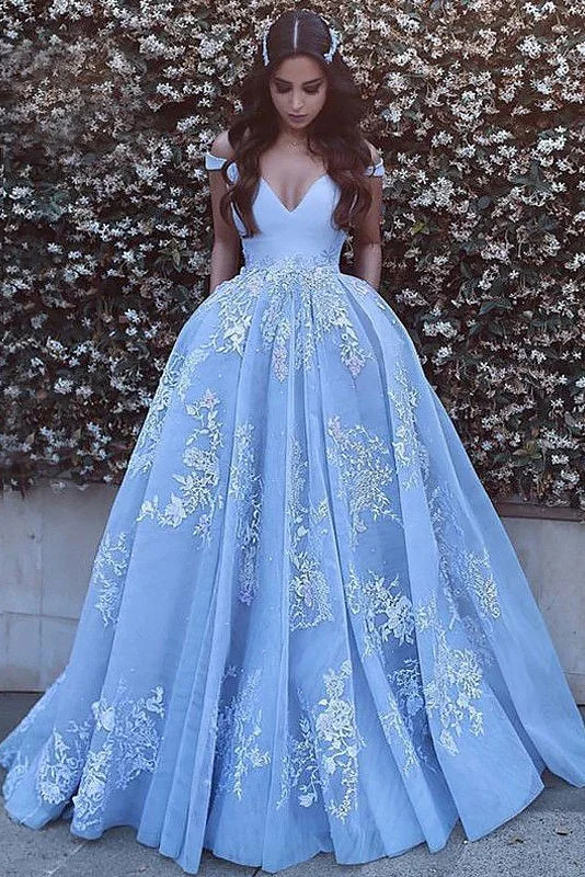 Hot Deal Blue Ball Gown Off-the-Shoulder Applique Tulle Sweep/Brush Train Dresses GJS138