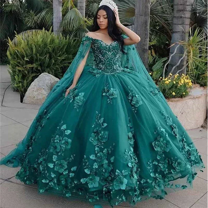 Fantastic Deals textured dressPrincess Quinceanera Dress Off Shoulder Sweetheart Beading With 3D Flowers Ball Gown Cloak Tulle Robe De Soirée Y4334