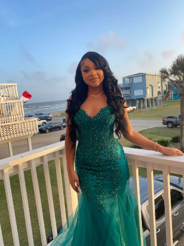 Limited Availability chic slip dressDark Green Mermaid Tulle Lace Prom Dress Winter Formal Gown  Y4169