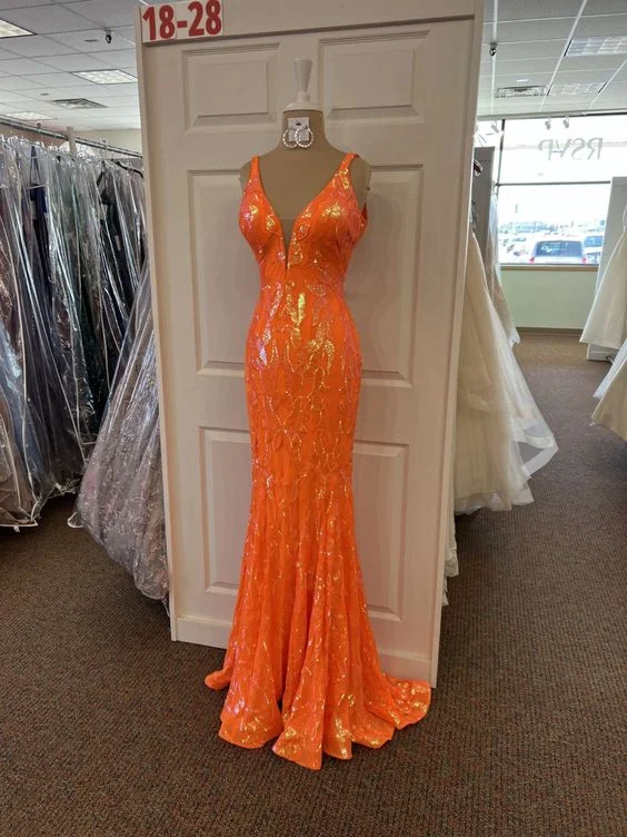 Closeout puff sleeve dressElegant Mermaid V Neck Orange Long Prom Dresses Y4188