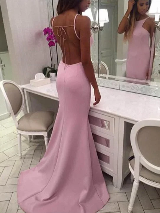 Sneak Peek Sale Backless Prom Dresses Mermaid Scoop Sweep Train Pink Simple Open Back Prom Dress JKL1597