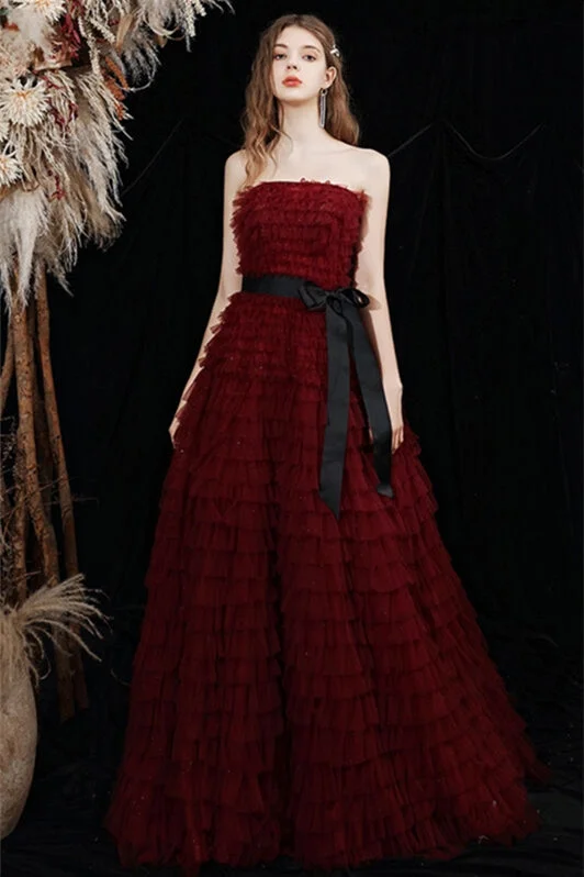 Best Seller lace-up dressStrapless Burgundy Tiered Long Formal Gown