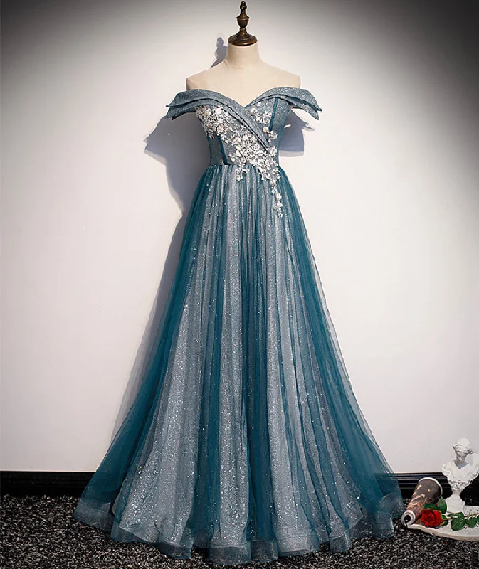 Fantastic Offers casual shift dressBlue tulle lace long prom dress off shoulder evening dress s105