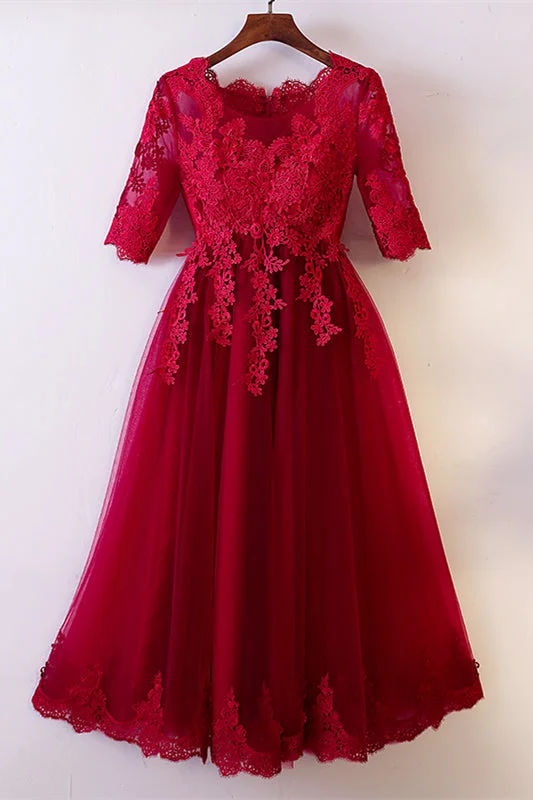Super Sale ruched dressRed A-line Jewel Sleeves Lace Appliques Tulle Knee Length Formal Dress