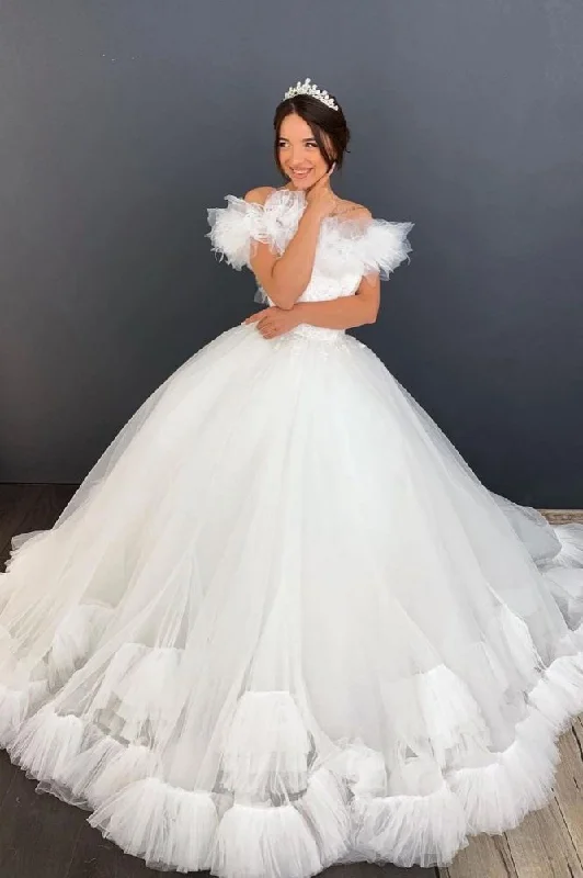 Massive Deals White/Ivory Off the Shoulder Puffy Tulle Lace Ball Gown Princess Bridal Gown