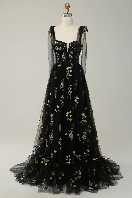 Can't Miss luxury dressBlack Bow Tie Shoulder A-line Embroidery Tulle Long Prom Dress