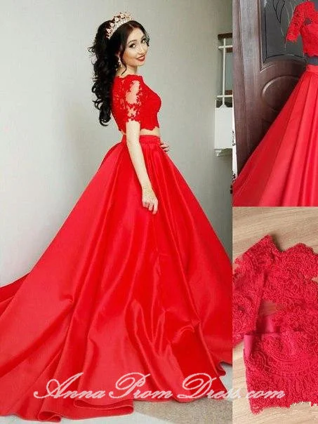 Final Clearance Two Piece Prom Dresses V Neck Sweep Train Lace Red Prom Dress Sexy Evening Dress JKL598