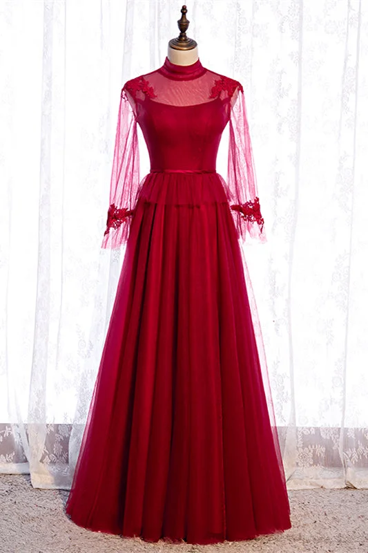 Friends and Family Sale elegant maxi dressRed Illusion High Neck Long Sleeves Appliques Maxi Formal Dress