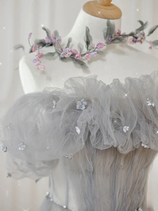Limited Stock Gray Tulle A Line Off the Shoulder Formal Evening Dresses Long Prom Dresses