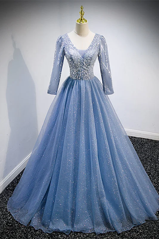 Unmissable Offer trendy dressBlue Tulle V Neck Long Sleeves Sequins Lace-Up Back Long Formal Dress Unmissable Offer trendy dressBlue Tulle V Neck Long Sleeves Sequins Lace-Up Back Long Formal Dress