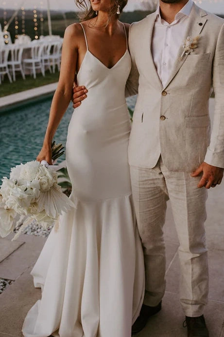 Price Slash casual day dressMermaid Satin V-Neck Spaghetti Straps Summer Wedding Dress