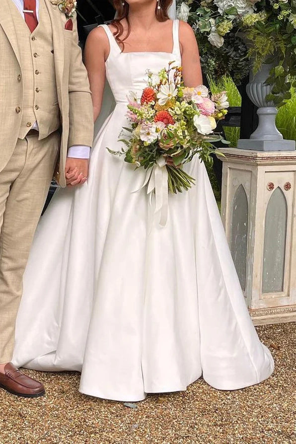 Fantastic Offers sleeveless dressElegant Satin A-Line Square Spaghetti Straps Wedding Dress
