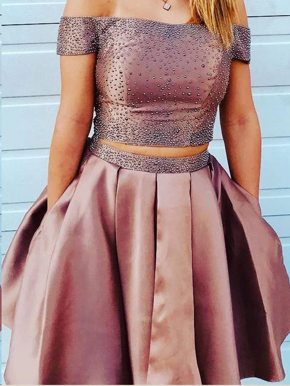 Value Deals Two Piece Homecoming Dresses A Line Beading Short Prom Dress Sexy Party Dress JK819