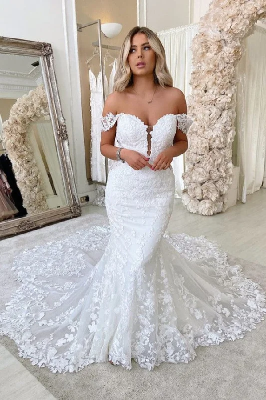 Amazing Deals Off The Shoulder Mermaid Appliques Wedding Dresses Lace Backless Bridal Gowns