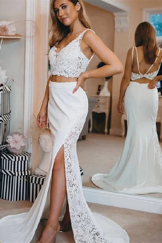 Today Only Modern two pieces Spaghetti V Neck Lace Side Slit Beach Wedding Dress