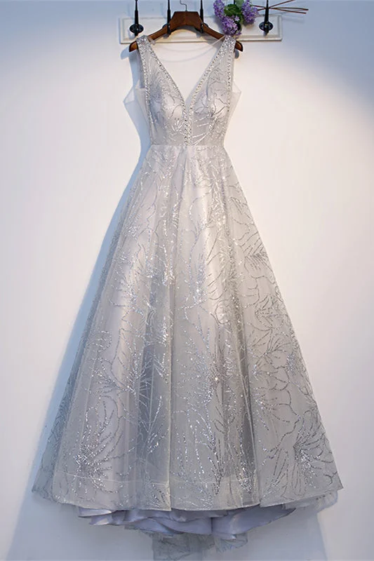 Exclusive Offers pleated dressGrey Deep V Neck Sparkly-Embroidered Sequins Tea Length Formal Dress