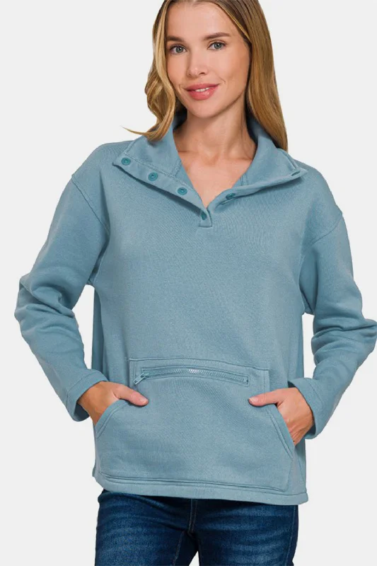 Friends and Family Sale comfortable hooded sweatshirtactivewear hoodieZenana Turtleneck Half Snap Fleece Sweatshirt