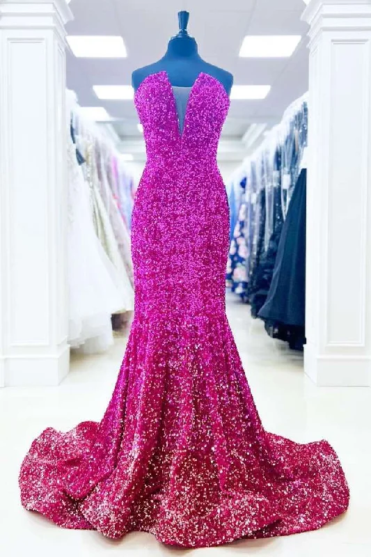 Crazy Deals midi dressFuchsia Strapless V-Neck Sequin Mermaid Long Prom Dress