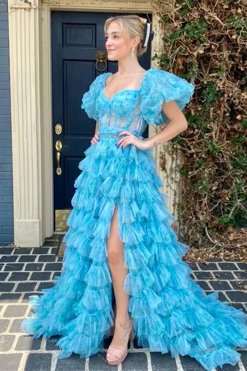 Midnight Madness form-fitting dressTulle A-Line Sweetheart Short Sleeves Empire Tiered With Train Prom Dress