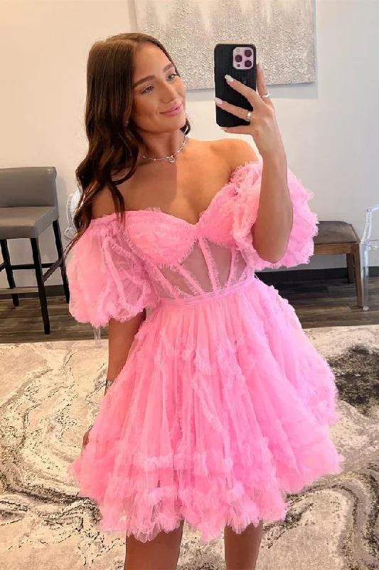 Markdown Madness trendy bodycon dressPink A-line Off-the-shoulder Tulle Ruffle Homecoming Dress