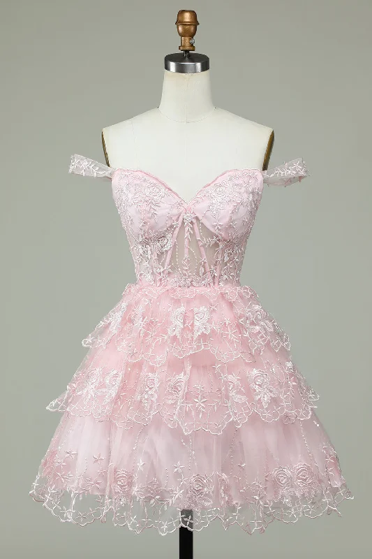 Special Savings ashionable dressPink Off-the-Shoulder Appliques Multi-Layers Homecoming Dress