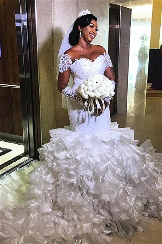 Incredible Offers Short sleeves Off the shoulder White Mermaid Wedding Dresses with Ruffles Train