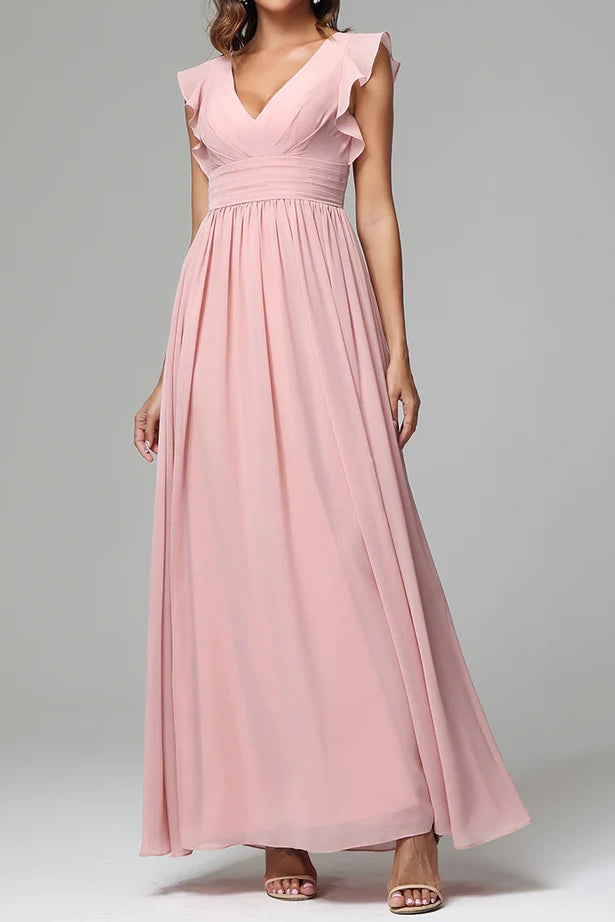 The Best Prices silk dressV-Neck Ruffled Empire Chiffon A-Line Bridesmaid Dress