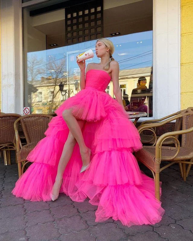 Bargain Bin satin dressPrincess A Line High Low Strapless Pink Long Prom/Evening Dress Ruffles Y76