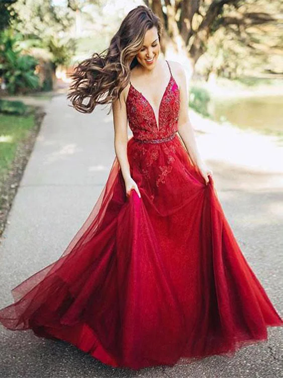 Discount Mania Burgundy Prom Dresses with Spaghetti Straps Long Simple Sexy Open Back Lace Prom Dress JKL1613