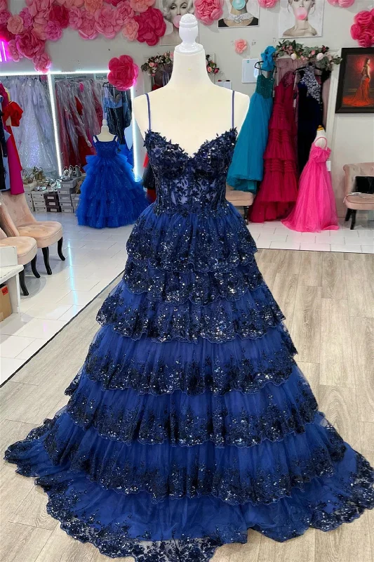 Massive Deals party-ready dressDark Navy Spaghetti Straps Layers Sequined Floral Long Prom Dress