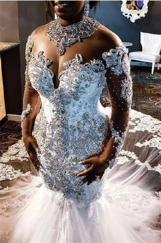 Weekend Special Luxurious Long Sleevess Beading Appliques Rhinestones Mermaid Wedding Dress with Sweep Train
