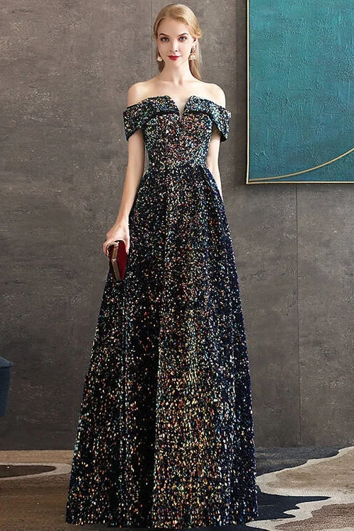 Low Prices structured dressOff the Shoulder Black Colorful Sequined Evening Dress