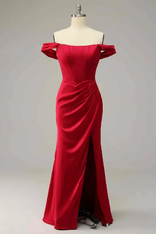 Limited Availability elegant shift dressRed Mermaid Off-Shoulder Satin Long Lace-Up Bridesmaid Dress