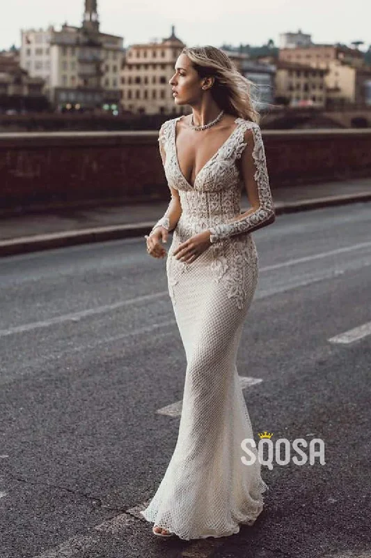 Super Bargain classic fit-and-flare dressAttractive Deep V-neck Illusion Long Sleeve Appliques Lace Mermaid Wedding Dress QW0882